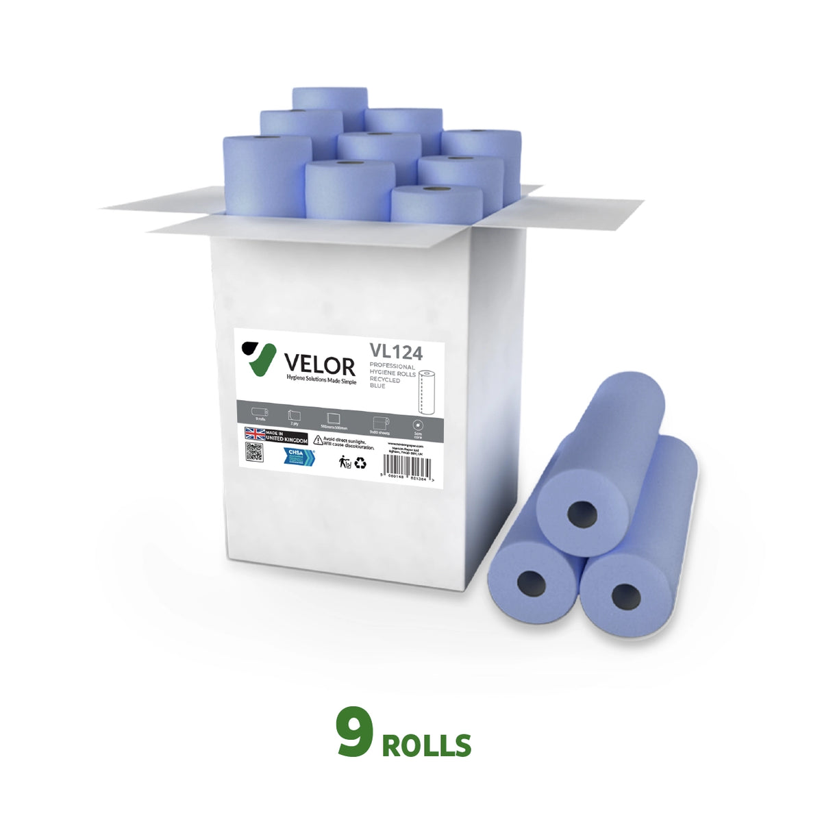 Velor Hygiene Rolls, Blue, 2-ply, 9 Rolls (1 pack), 40 Metres / 80 Sheets per Roll, Sheet Size: 50 cm x 50 cm