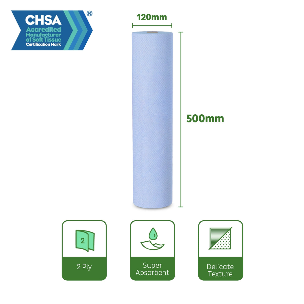 Velor Hygiene Rolls, Blue, 2-ply, 9 Rolls (1 pack), 40 Metres / 80 Sheets per Roll, Sheet Size: 50 cm x 50 cm