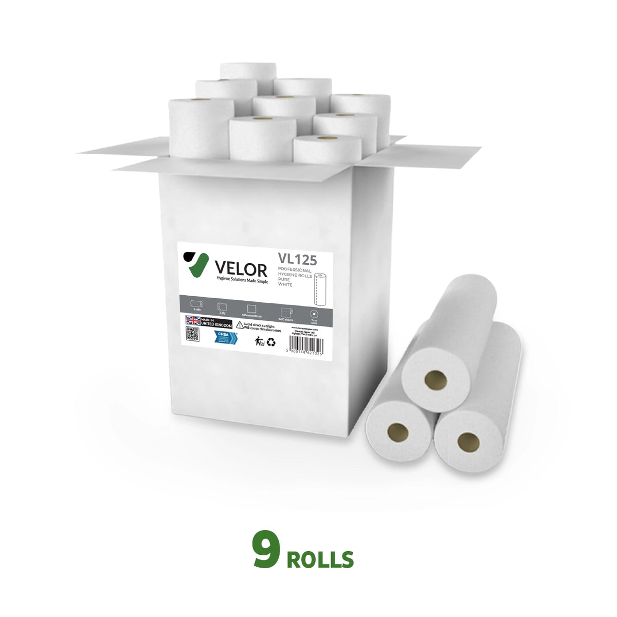 Velor Hygiene Rolls, white, 2-ply, 9 Rolls (1 pack), 40 Metres / 80 Sheets per Roll, Sheet Size: 50 cm x 50 cm