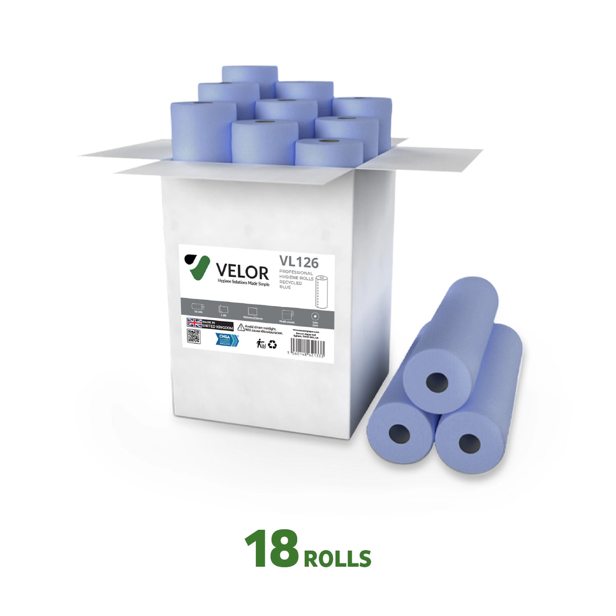 Velor Hygiene Rolls, Blue, 2-ply, 18 Rolls (1 pack), 40 Metres / 80 Sheets per Roll, Sheet Size: 50 cm x 25cm