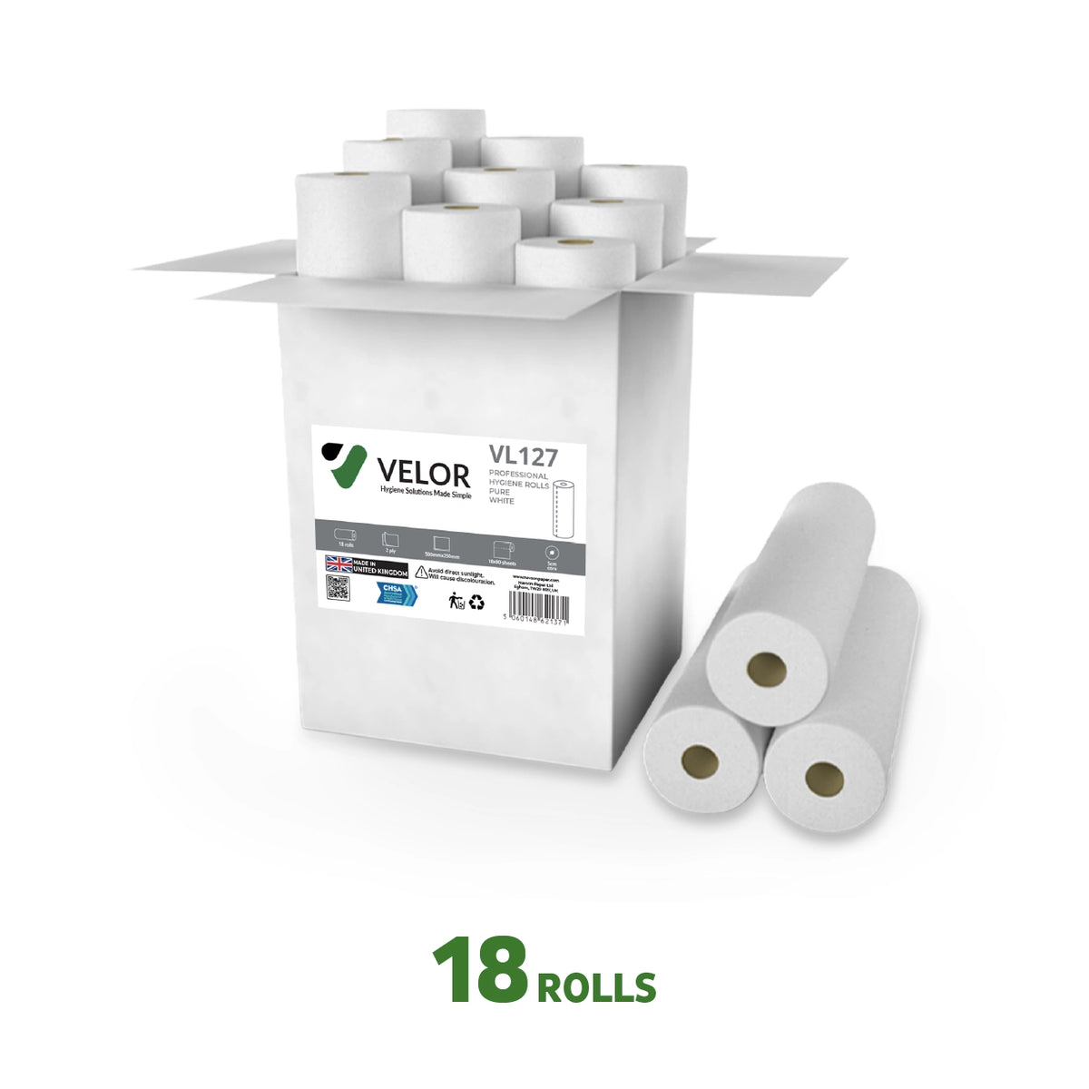 Velor Hygiene Rolls, white, 2-ply, 18 Rolls (1 pack), 40 Metres / 80 Sheets per Roll, Sheet Size: 50 cm x 25 cm