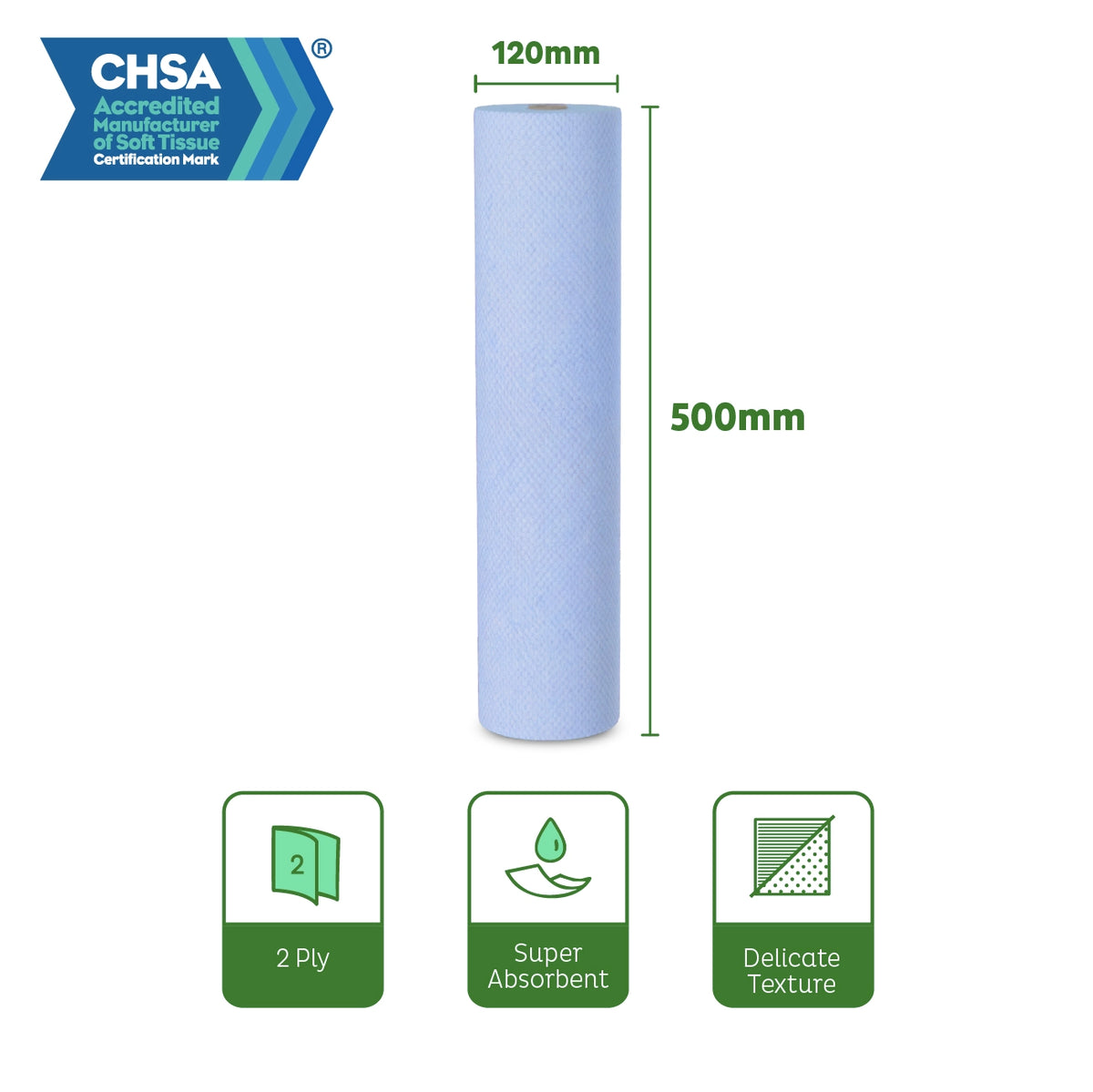 Velor Hygiene Rolls, Blue, 2-ply, 9 Rolls (1 pack), 50 Metres / 100 Sheets per Roll, Sheet Size: 50 cm x 50 cm