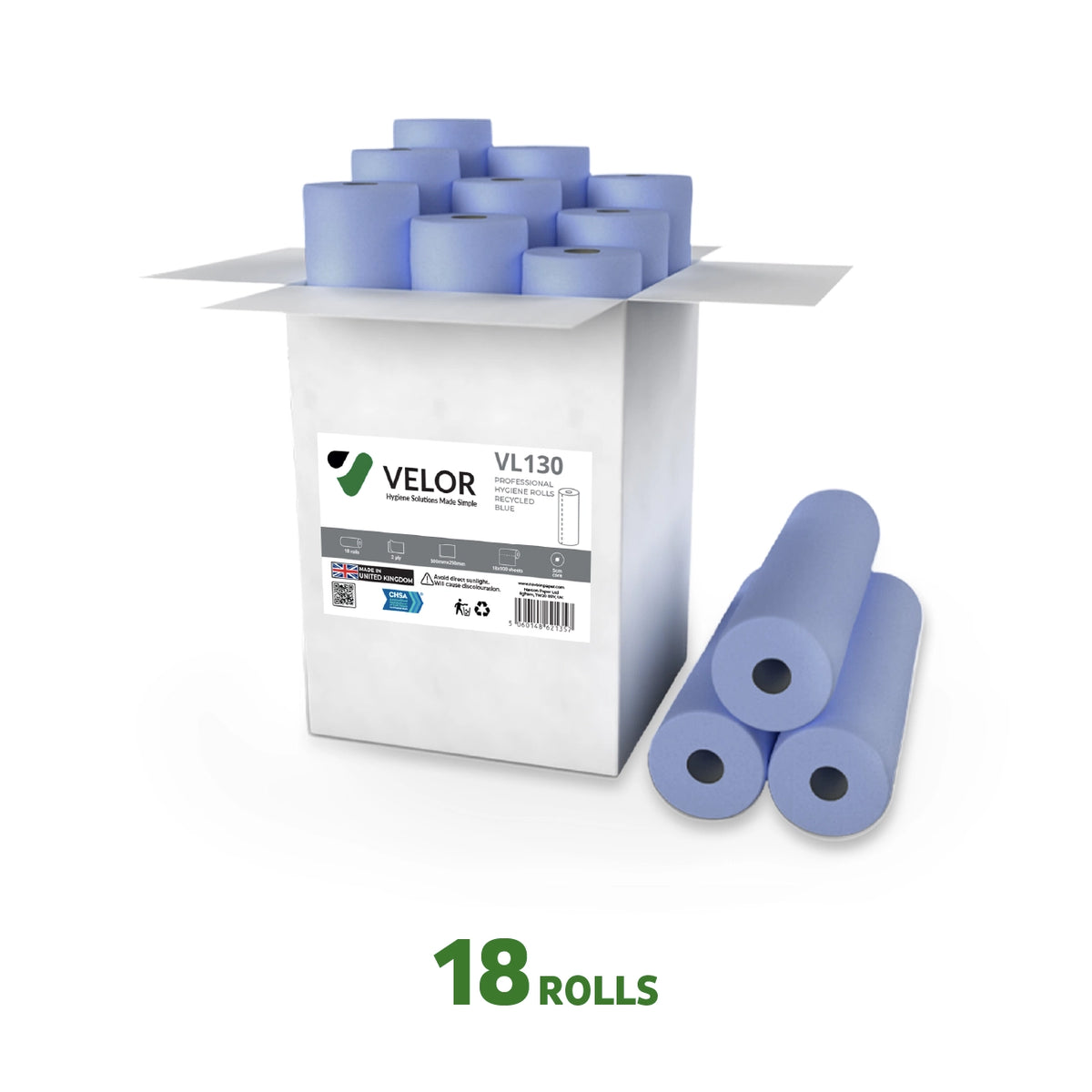 Velor Hygiene Rolls, Blue, 2-ply, 18 Rolls (1 pack), 50 Metres / 100 Sheets per Roll, Sheet Size: 50 cm x 25 cm