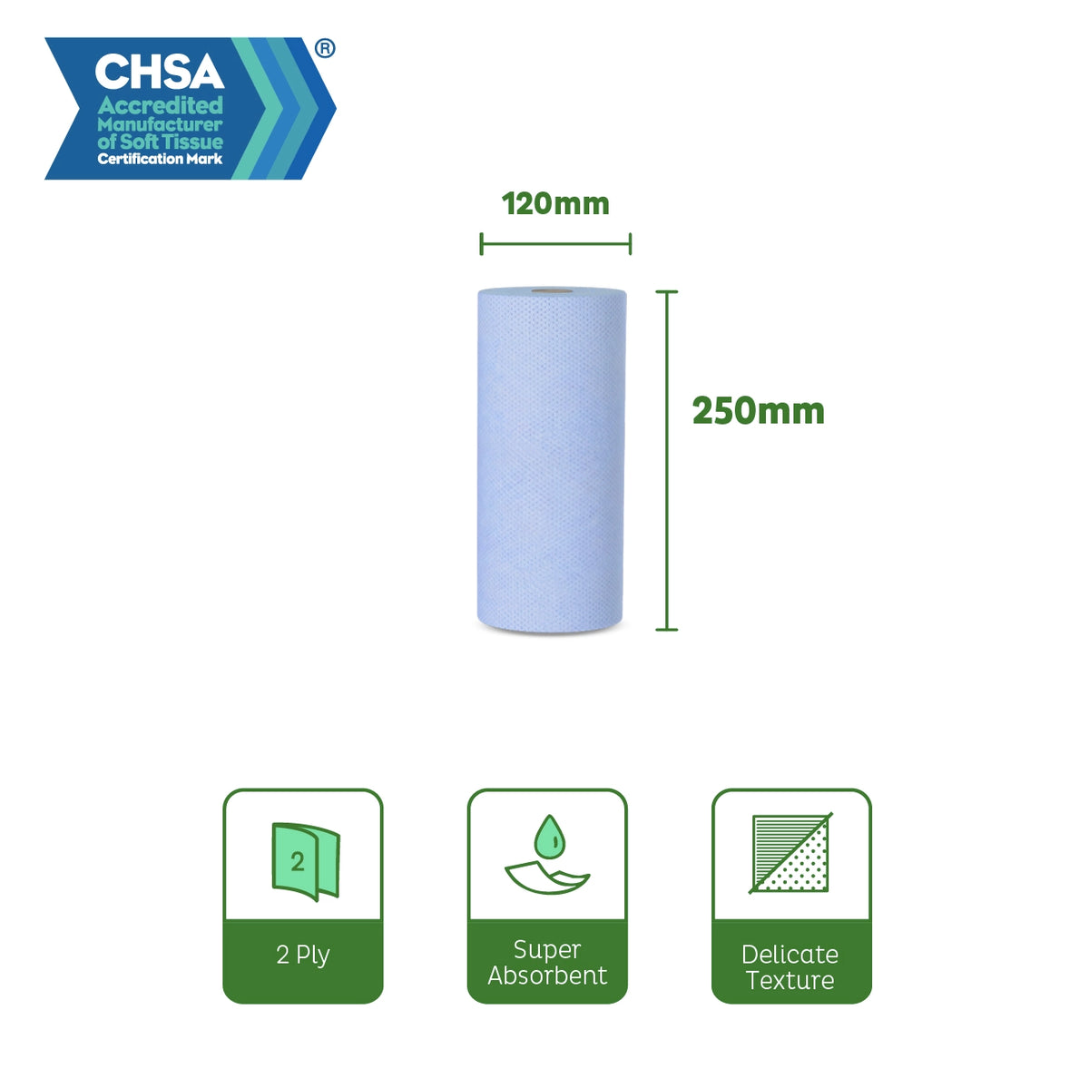 Velor Hygiene Rolls, Blue, 2-ply, 18 Rolls (1 pack), 50 Metres / 100 Sheets per Roll, Sheet Size: 50 cm x 25 cm