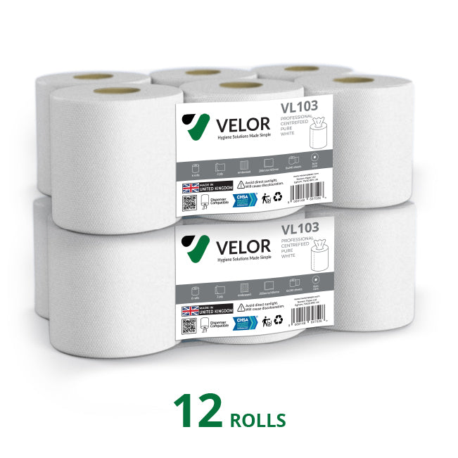Velor Centrefeed White Embossed - 12 Rolls
