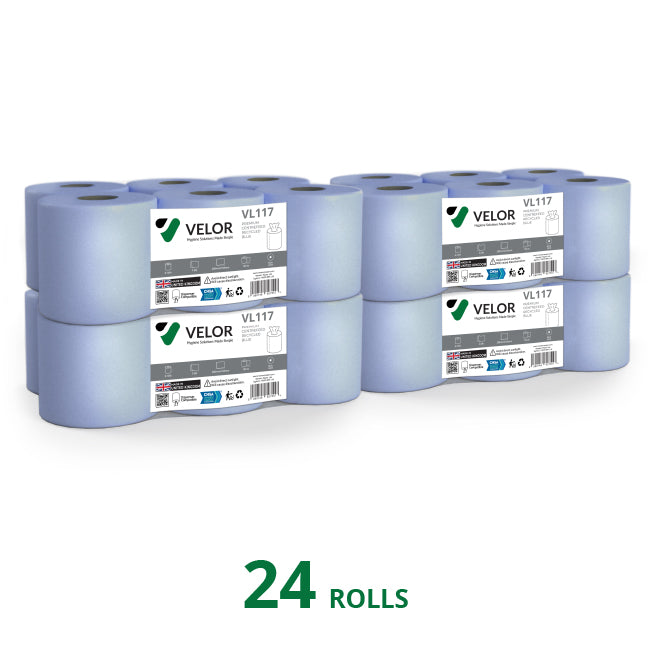 Velor Centrefeed Blue 150m Flat sheet - 24 Rolls