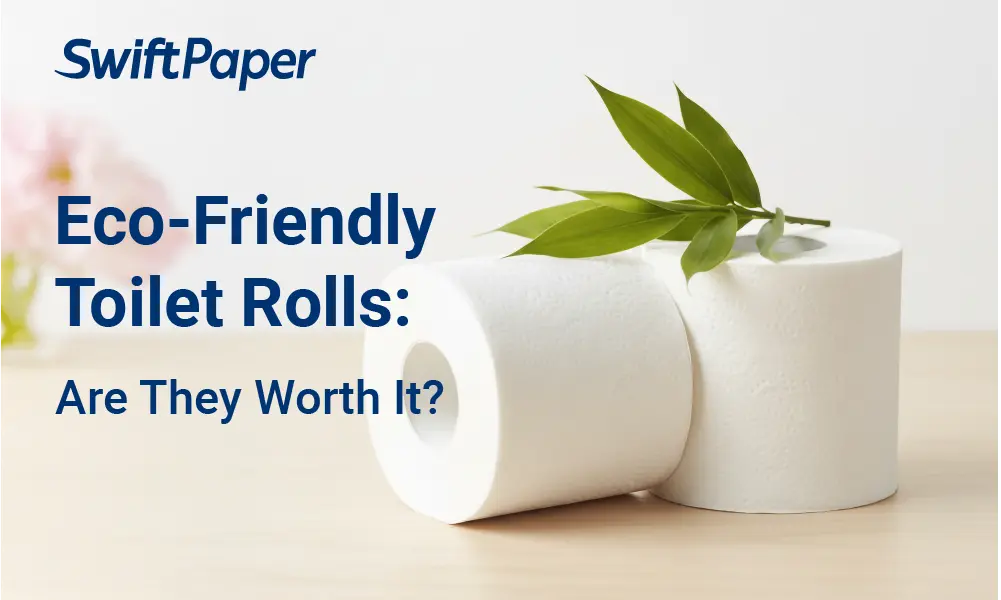 Eco-friendly 3ply toilet rolls are displayed on a table